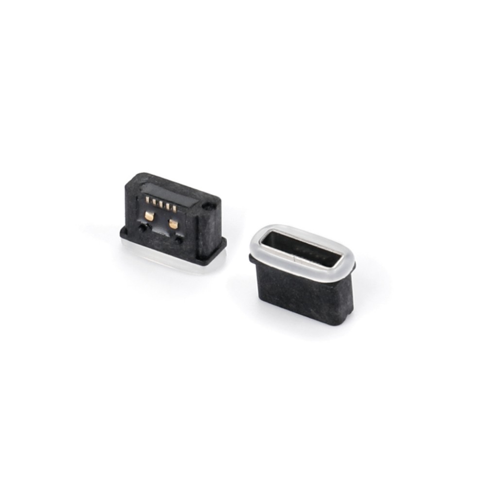 04OT-1606-WP   Micro USB  5F 板上SMT AB型 全貼 無耳有柱 膠芯反向 帶防水圈 防水IP67